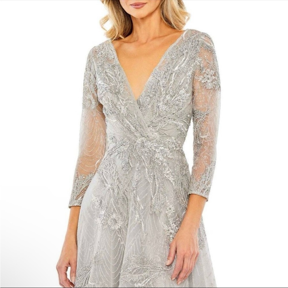 Mac Duggal Elegant Silver Long Sleeve Dress